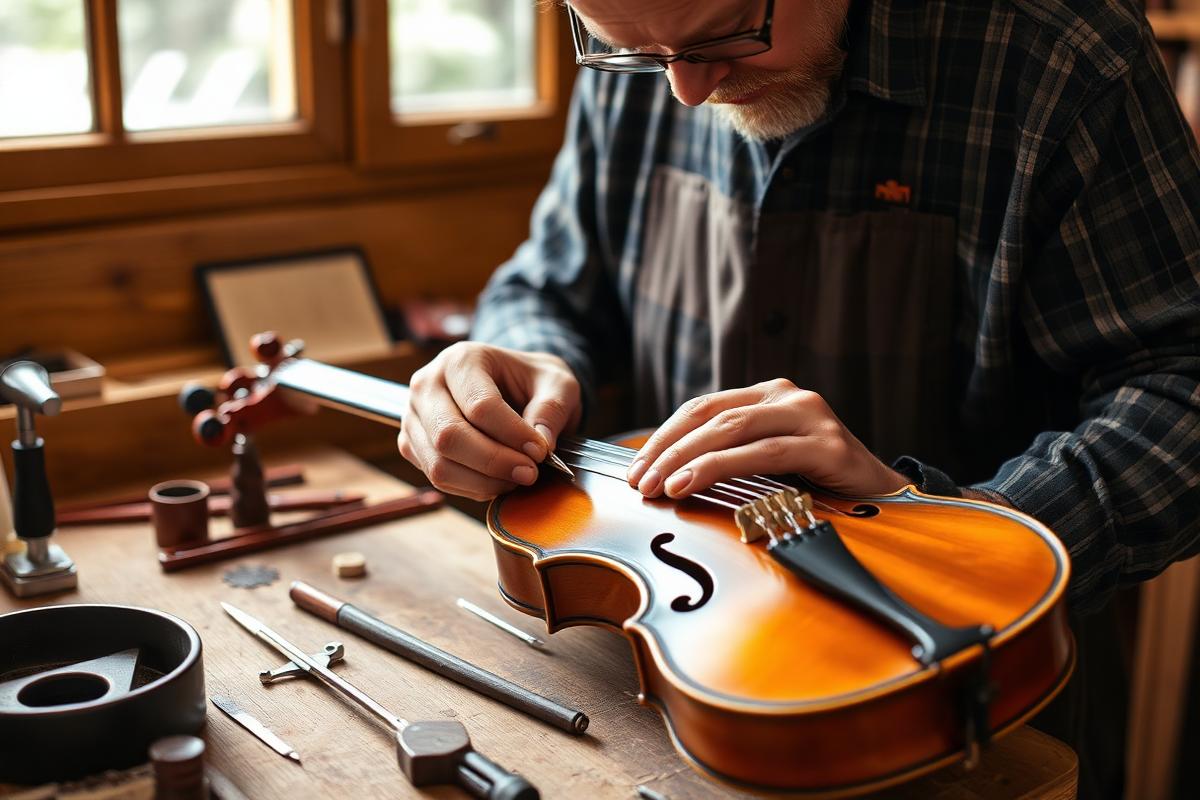 Luthier reparando un violín en su taller — servicio incluido con tu seguro